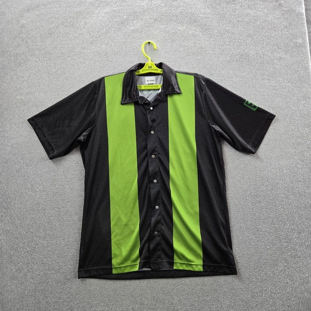 7-Eleven Men Button Up Shirt M Black‎ Striped Logo Short Sleeve